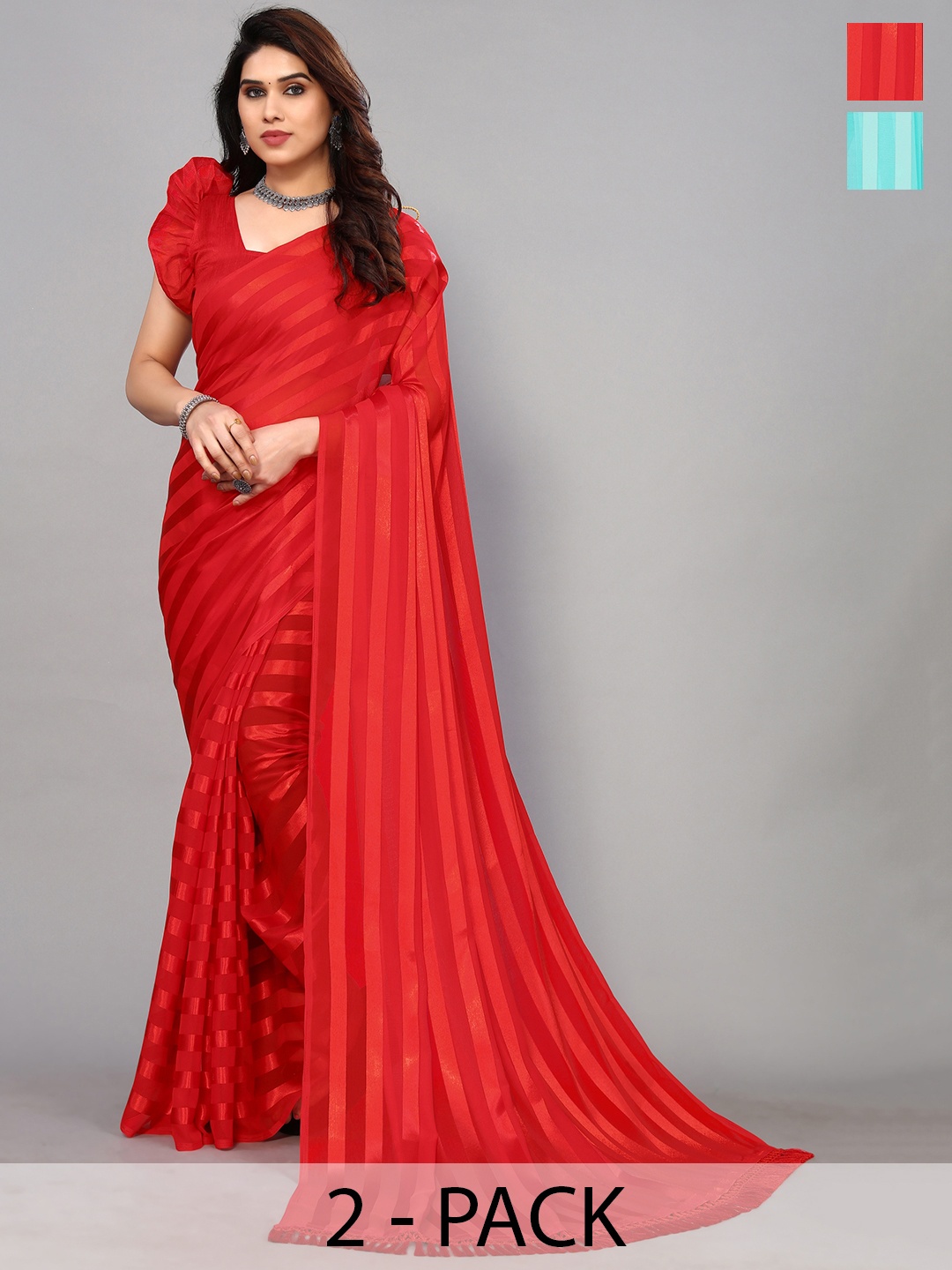 

ANAND SAREES Striped Satin Saree, Red