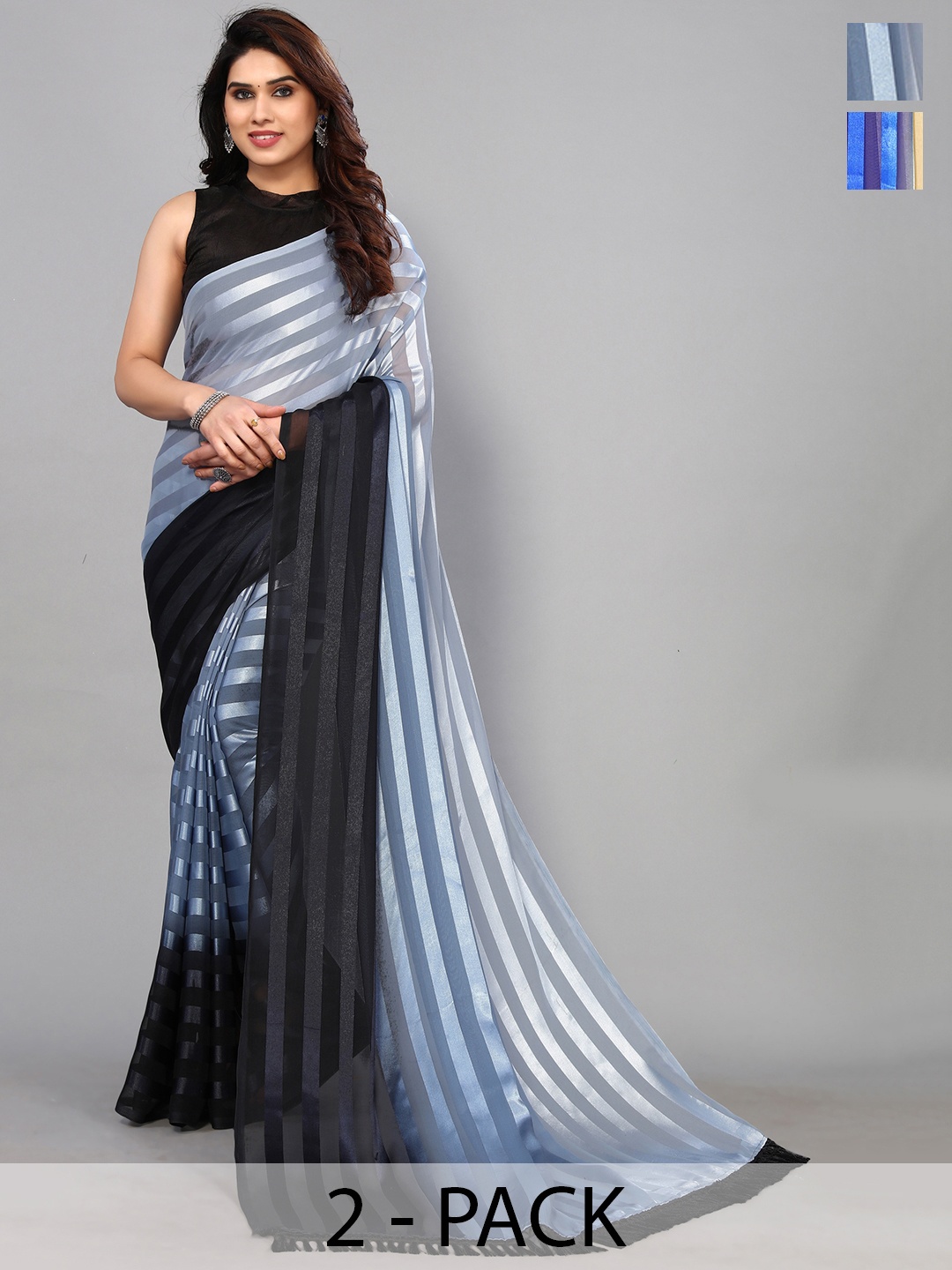 

ANAND SAREES Striped Satin Saree, Black