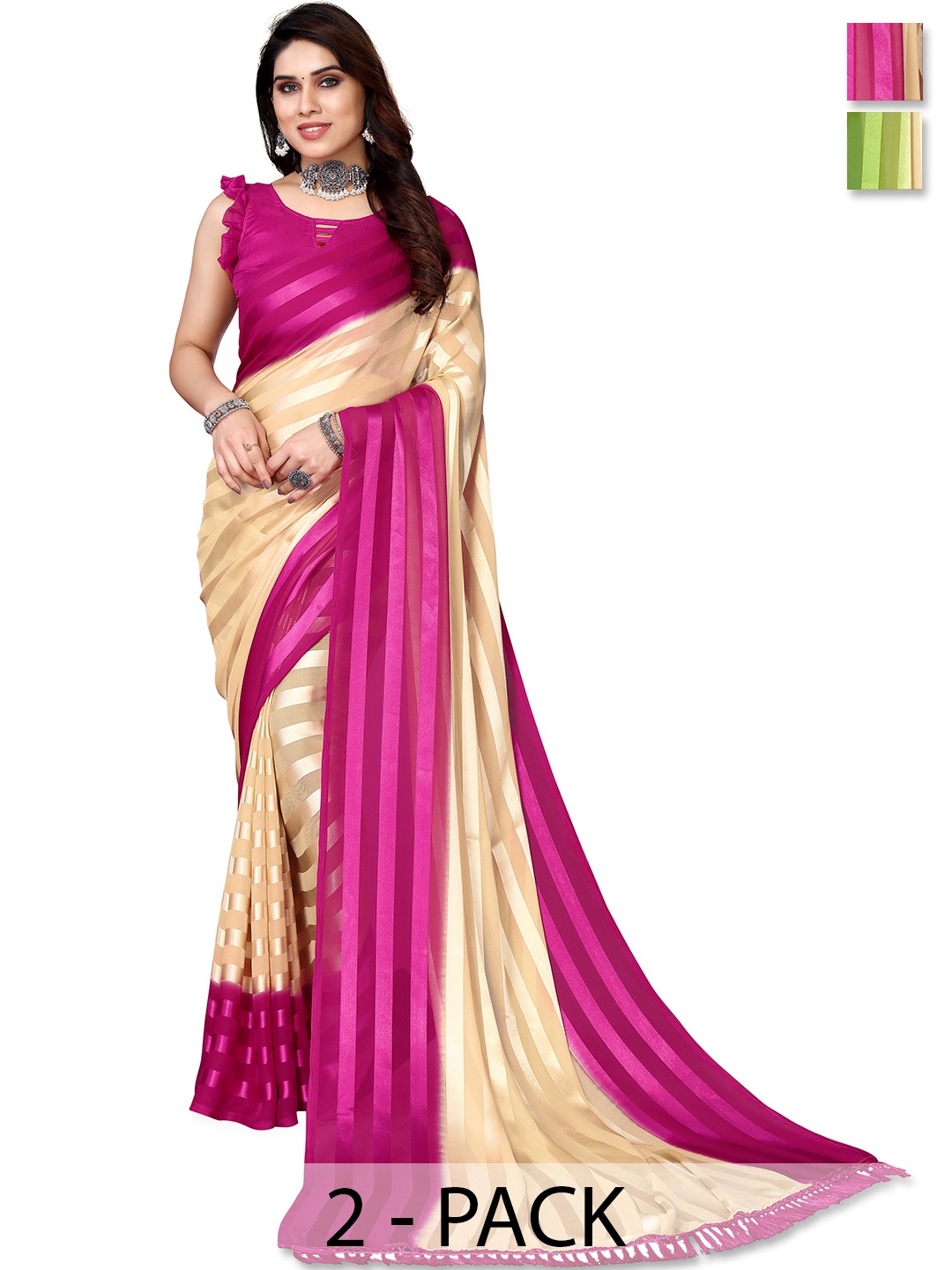 

ANAND SAREES Striped Satin Saree, Green