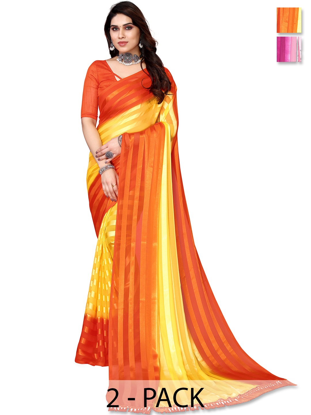 

ANAND SAREES Striped Satin Saree, Yellow