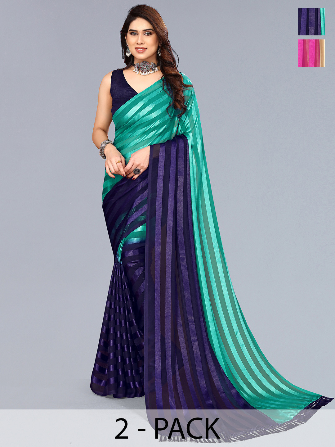 

ANAND SAREES Striped Satin Saree, Beige