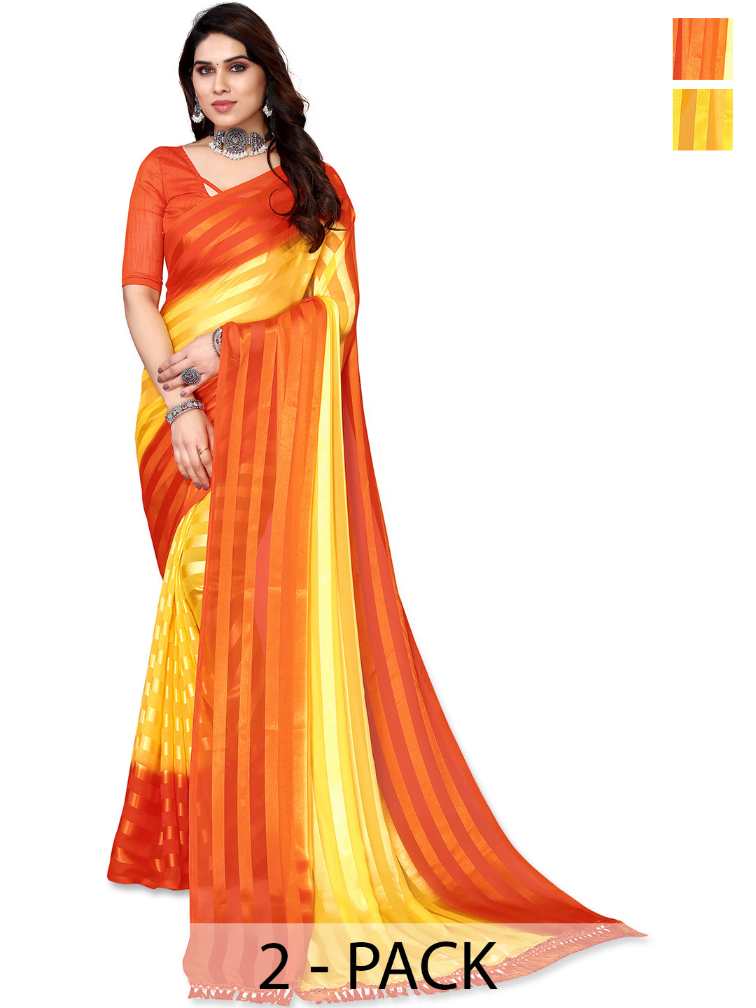 

ANAND SAREES Striped Satin Saree, Orange