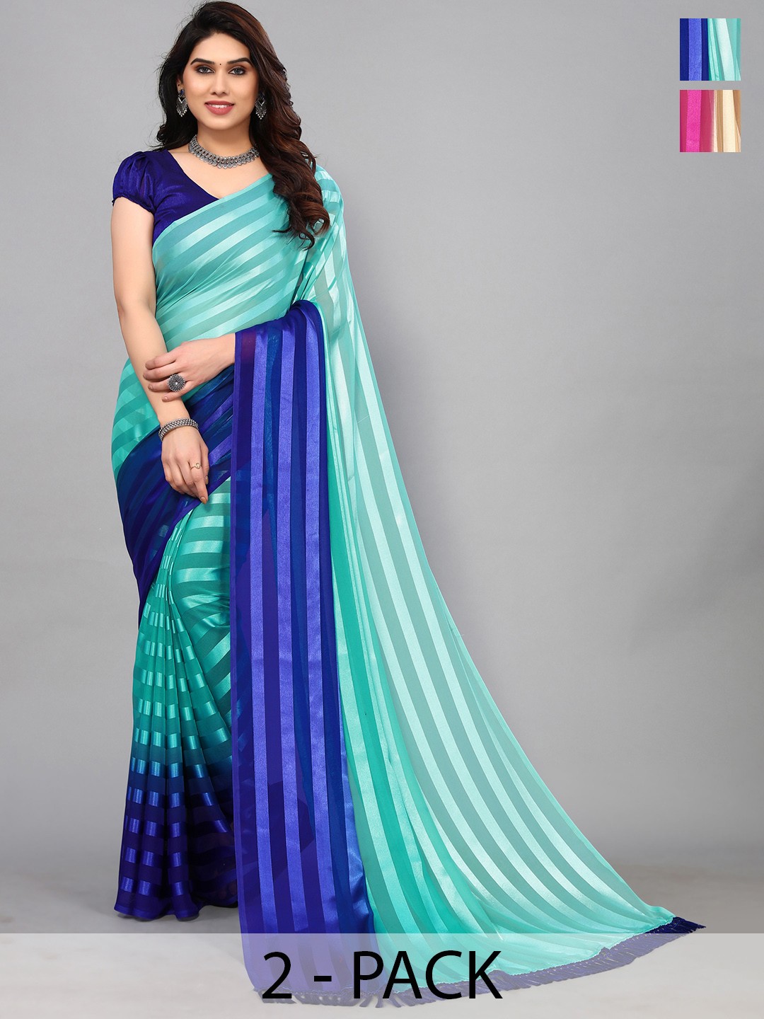 

ANAND SAREES Striped Zari Satin Saree, Assorted