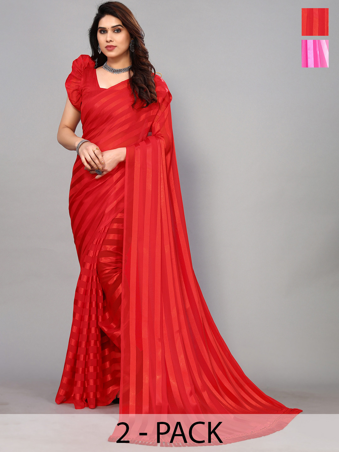 

ANAND SAREES Striped Satin Saree, Red