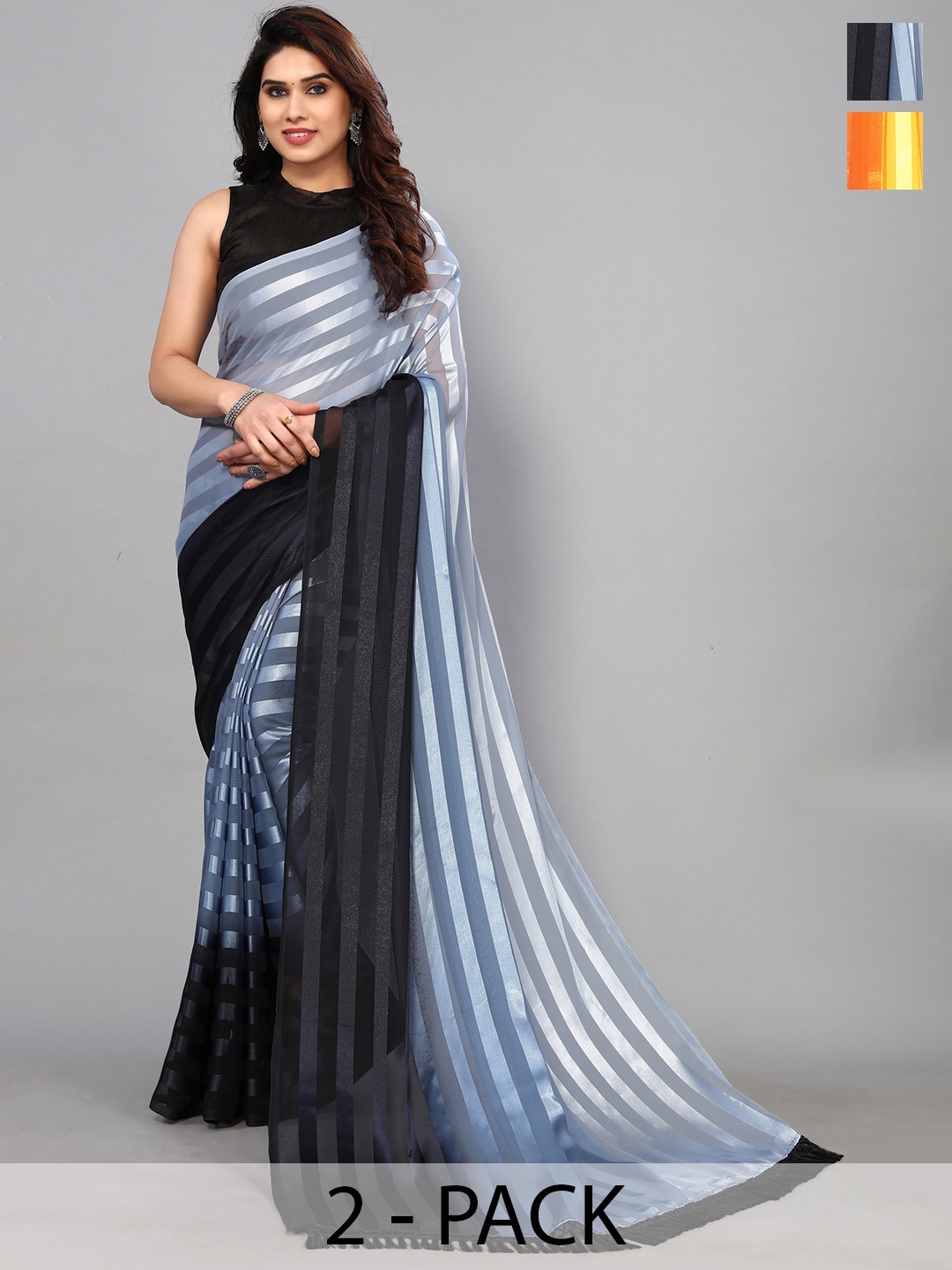 

ANAND SAREES Striped Satin Saree, Black