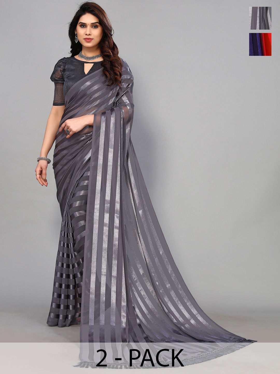 

ANAND SAREES Striped Satin Saree, Black