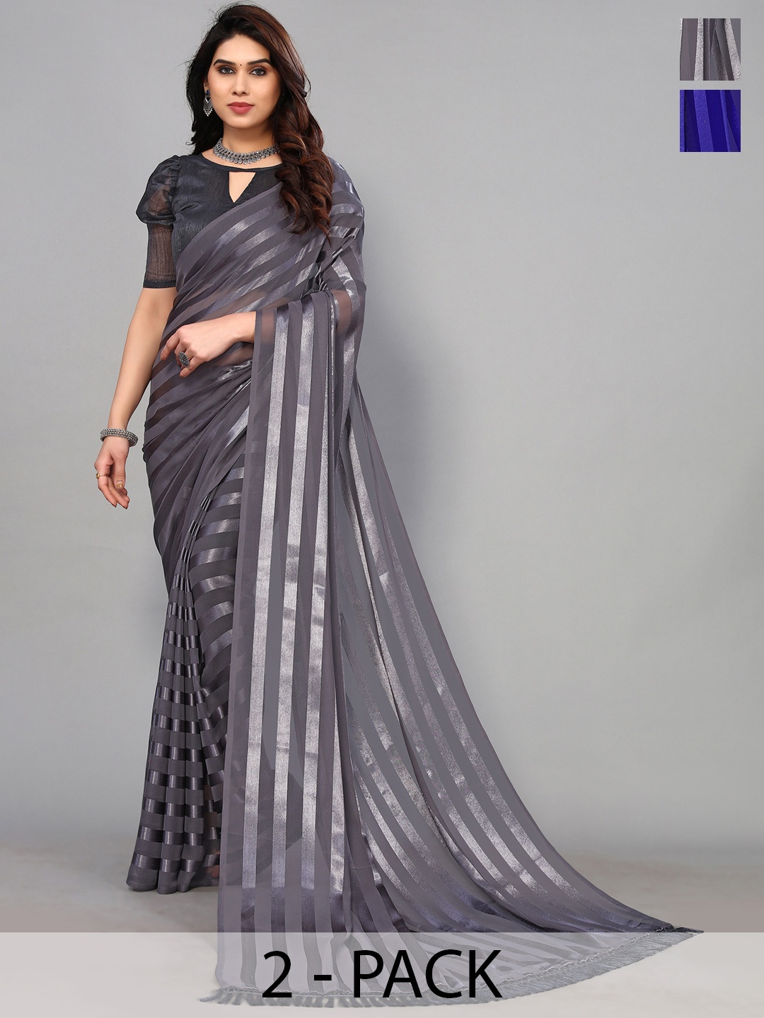

ANAND SAREES Striped Satin Saree, Assorted