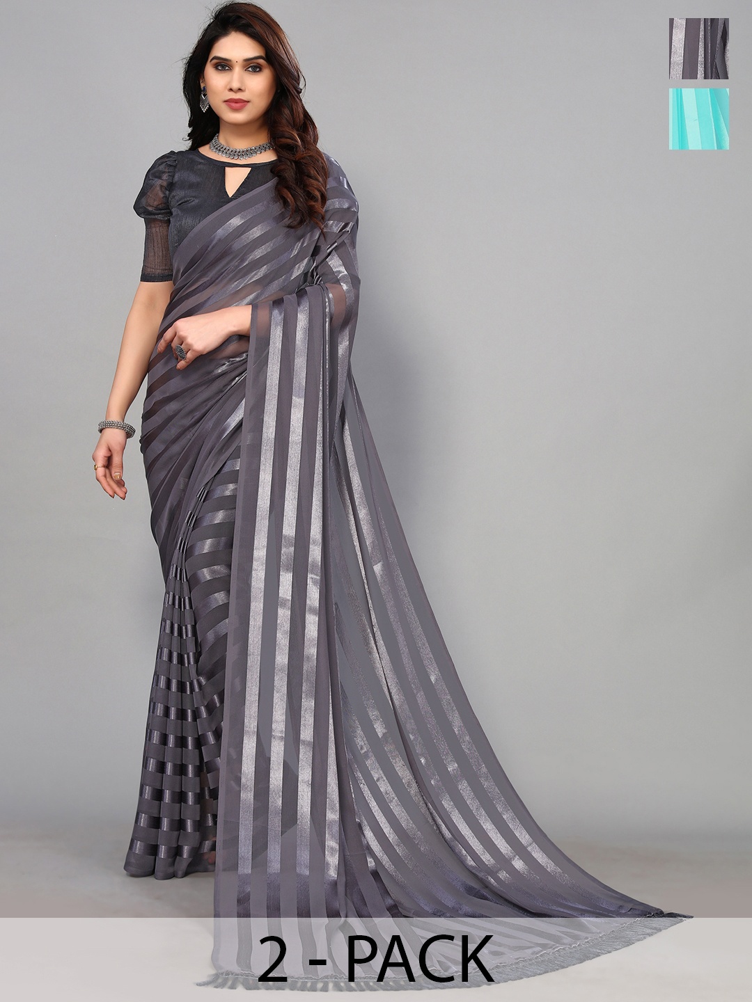 

ANAND SAREES Striped Satin Saree, Grey