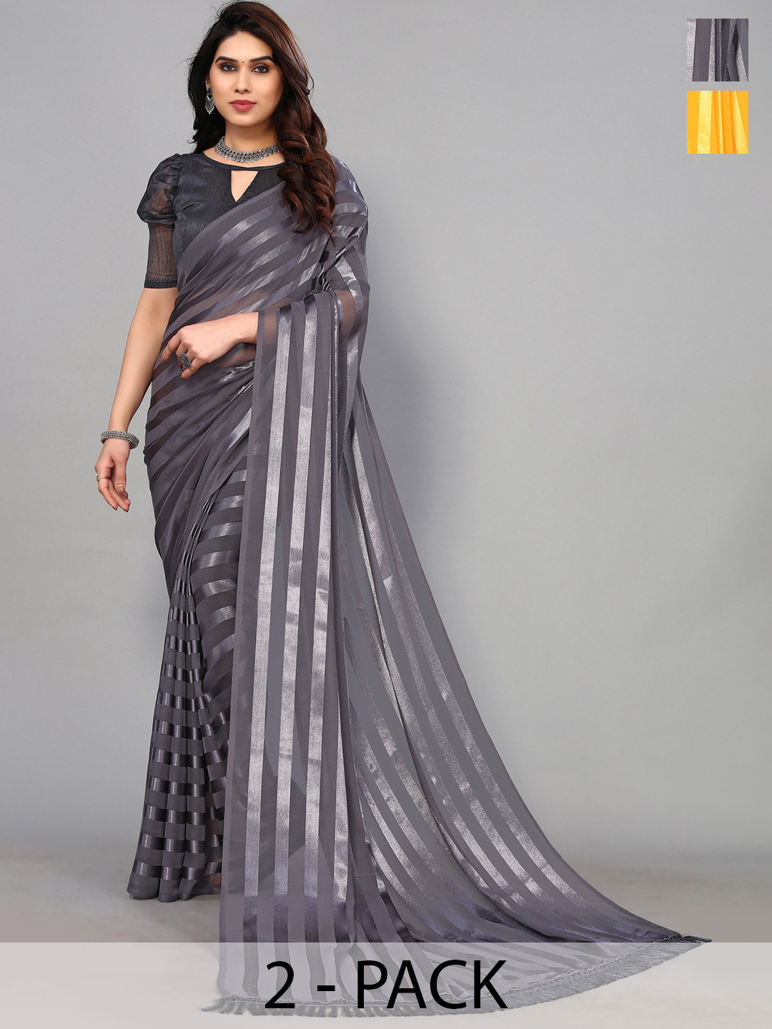 

ANAND SAREES Striped Satin Saree, Grey