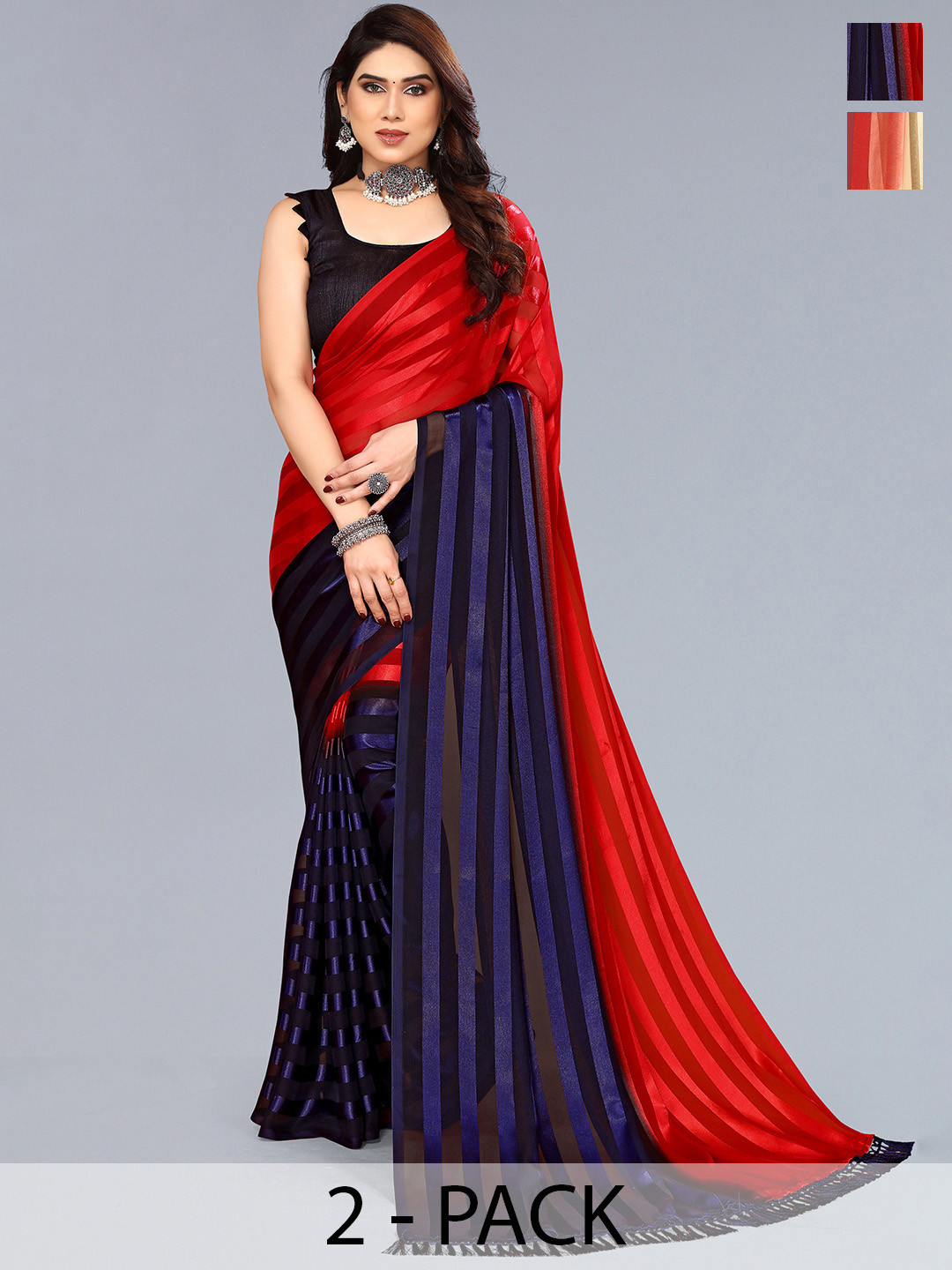 

ANAND SAREES Striped Satin Saree, Red