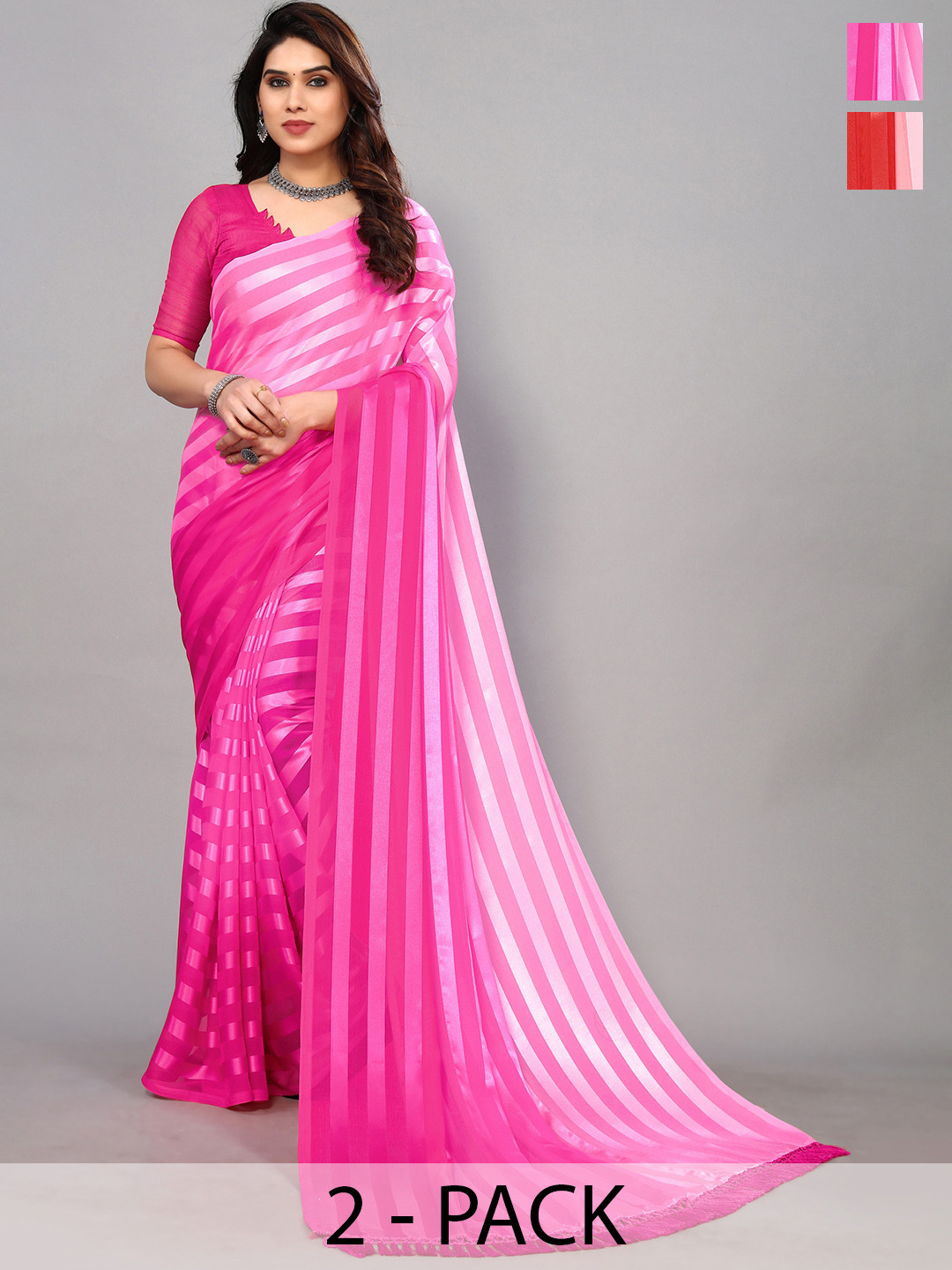 

ANAND SAREES Striped Satin Saree Pack Of 2, Pink