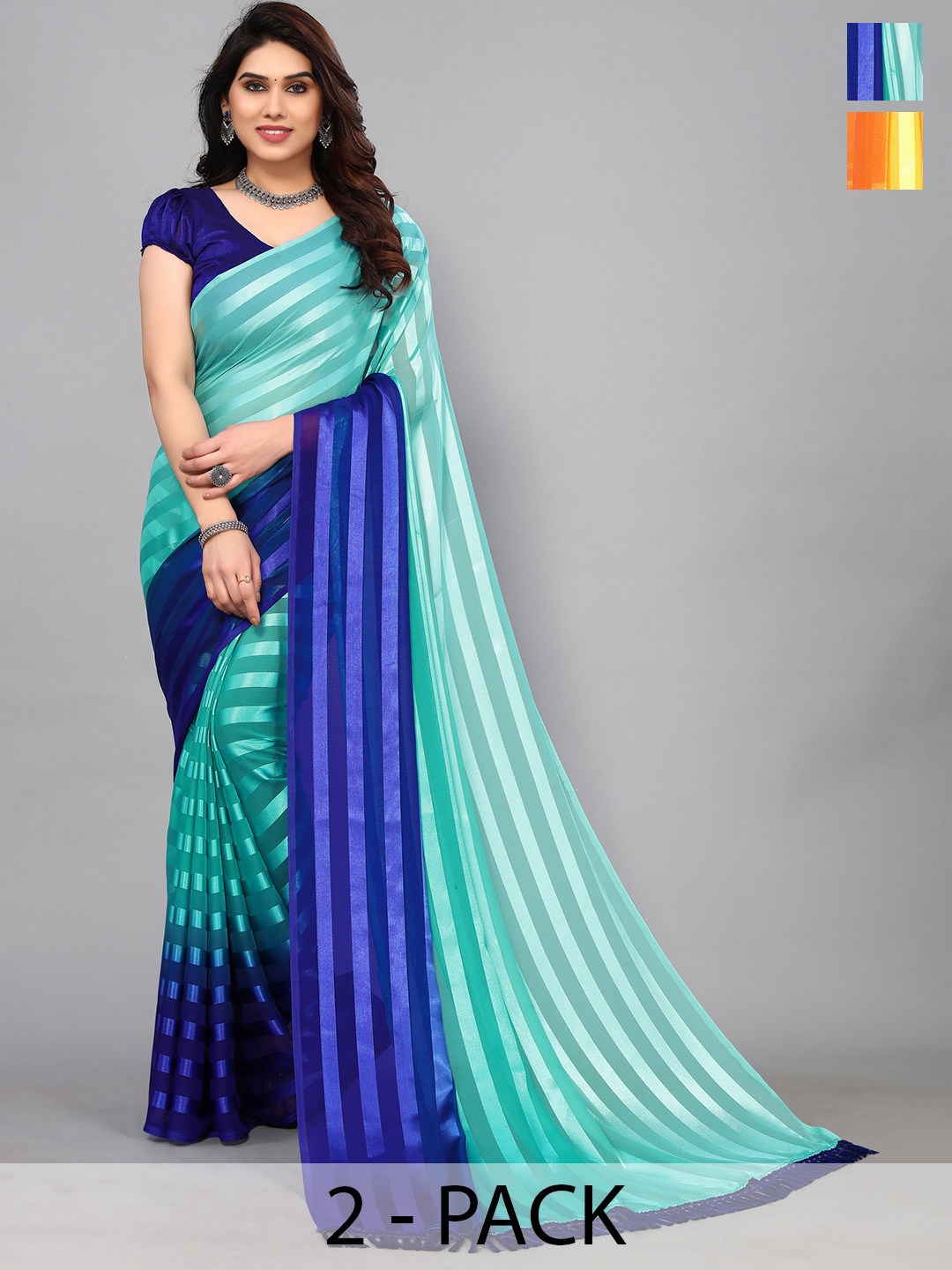 

ANAND SAREES Striped Satin Saree, Blue