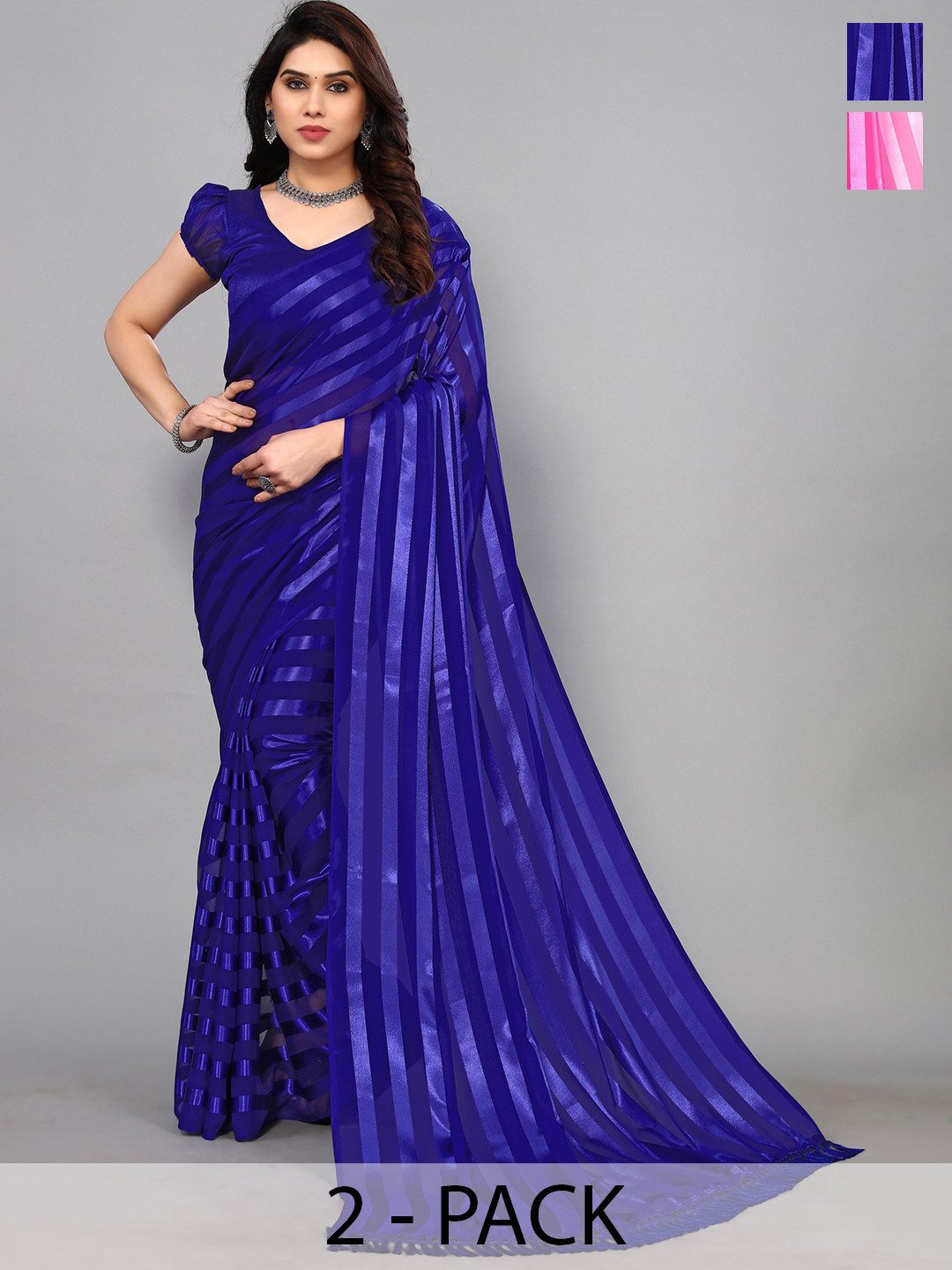 

ANAND SAREES Striped Satin Saree, Blue