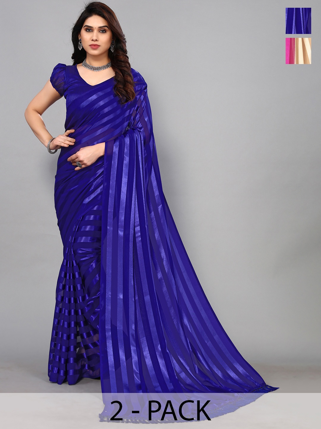 

ANAND SAREES Striped Satin Saree, Blue