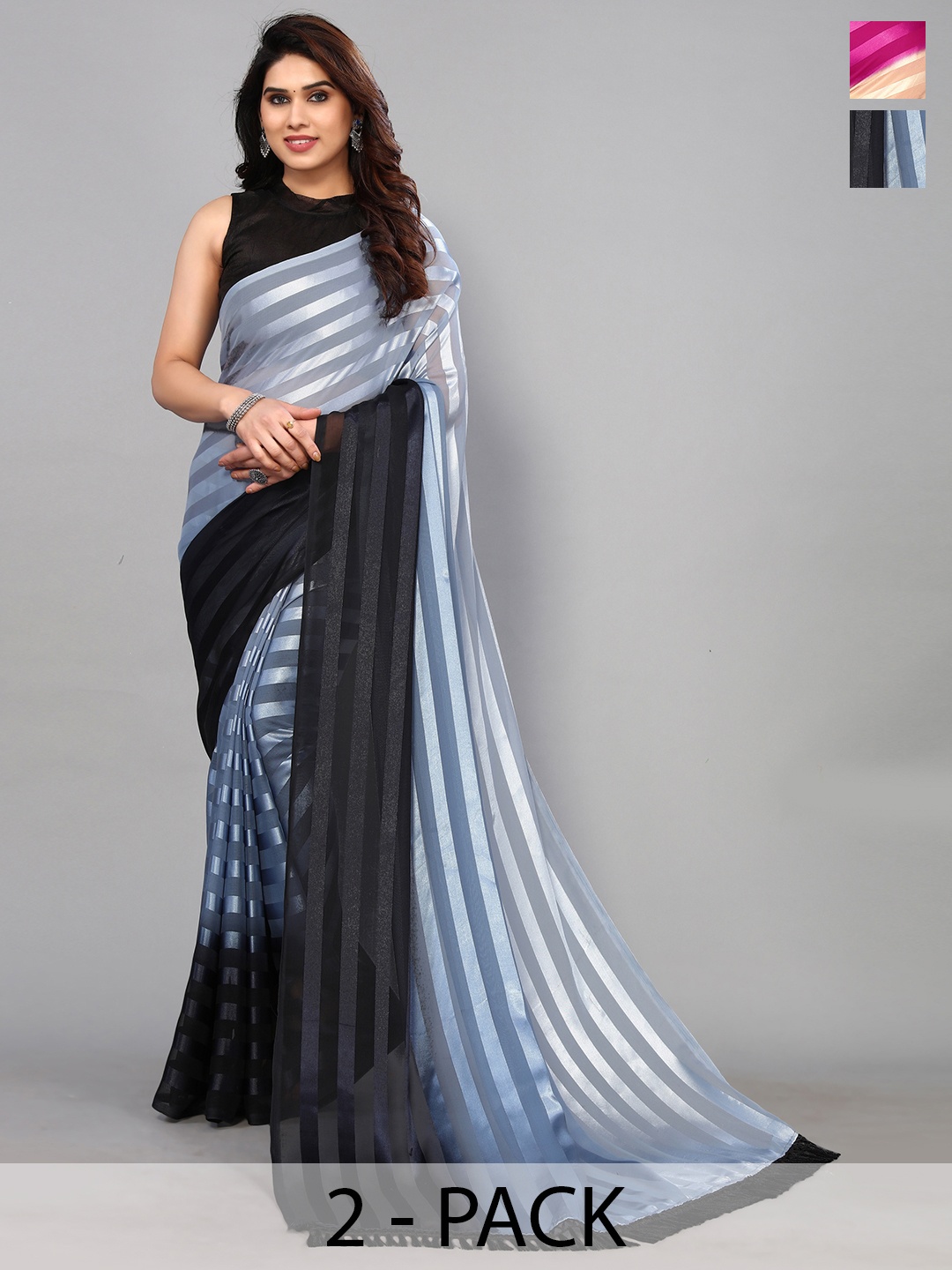 

ANAND SAREES Striped Satin Saree, Beige