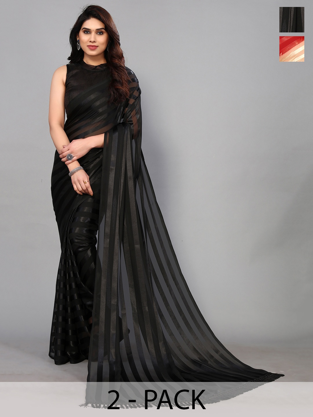 

ANAND SAREES Striped Satin Saree, Beige
