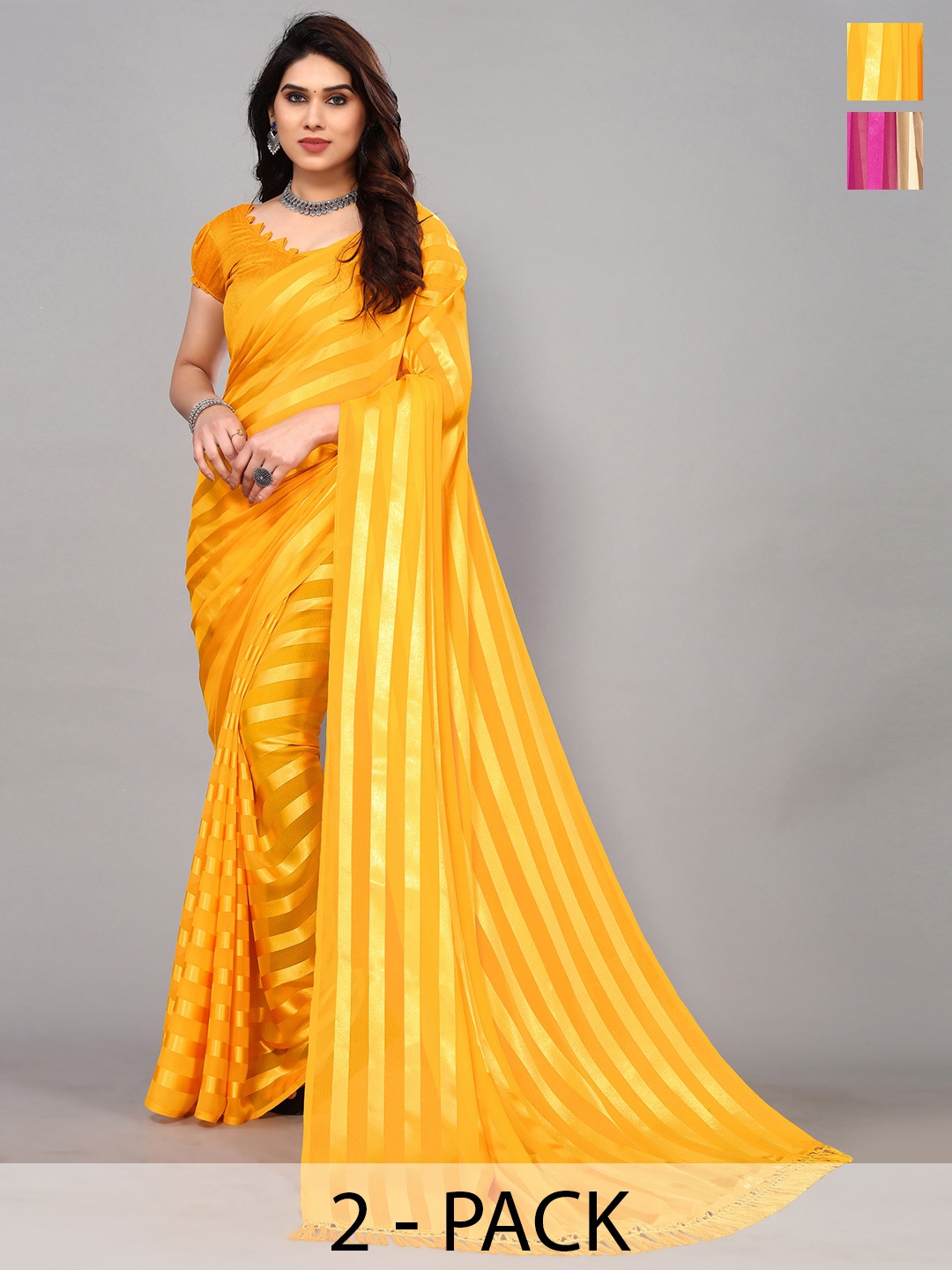 

ANAND SAREES Striped Satin Saree, Yellow