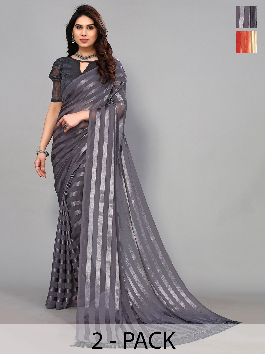 

ANAND SAREES Striped Satin Saree, Beige