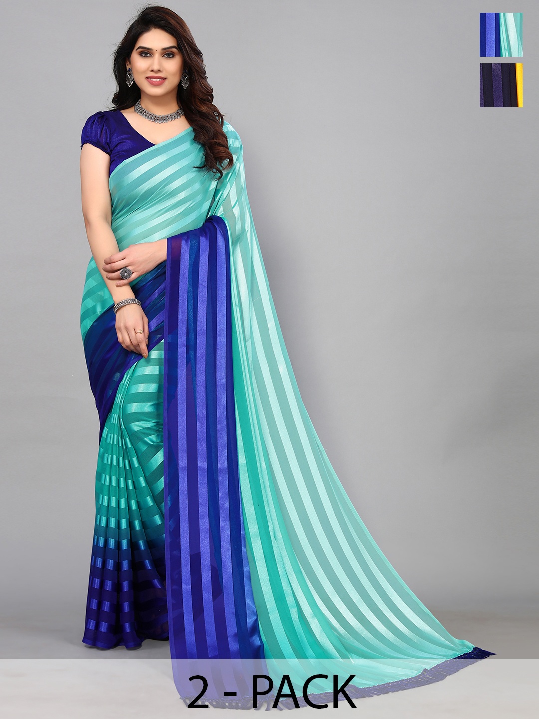 

ANAND SAREES Striped Satin Saree, Blue