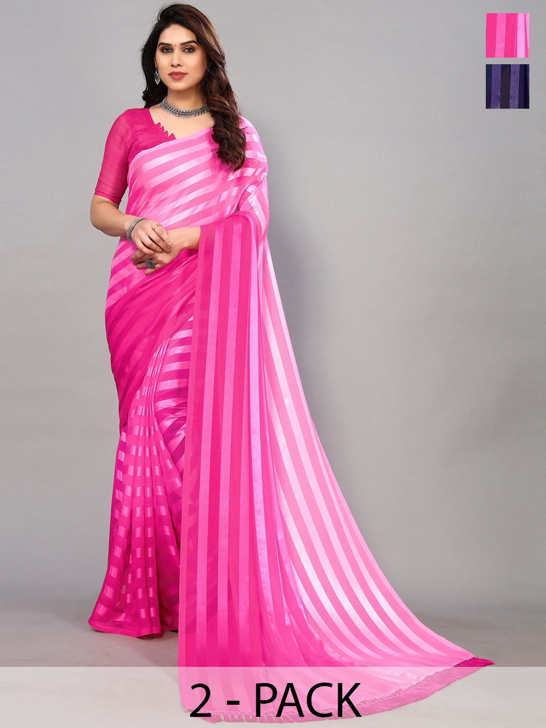 

ANAND SAREES Striped Satin Saree, Green