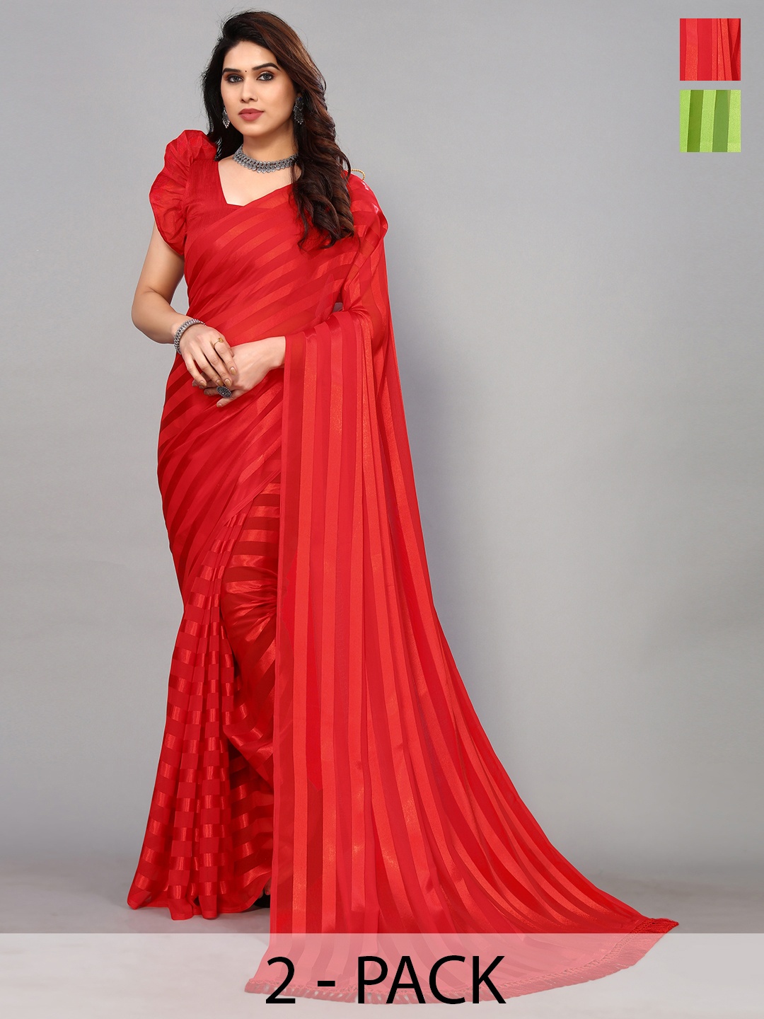

ANAND SAREES Striped Satin Saree, Red
