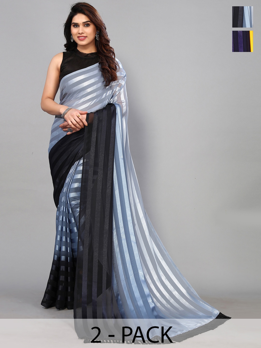 

ANAND SAREES Striped Satin Saree, Grey