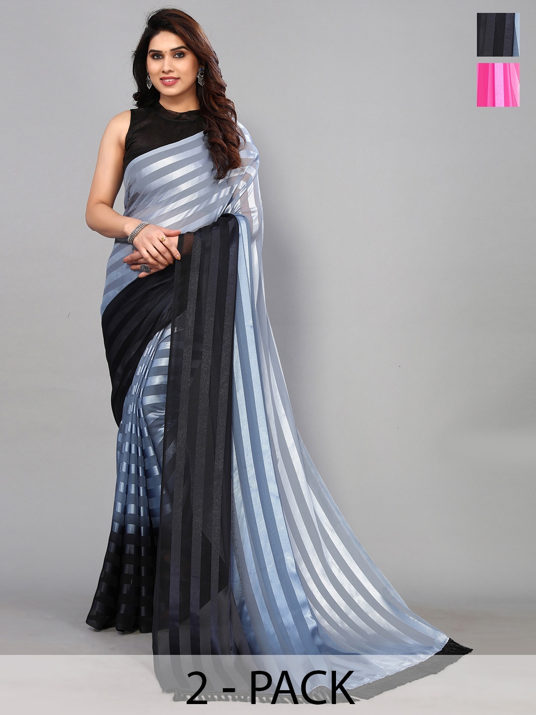 

ANAND SAREES Striped Satin Saree, Grey