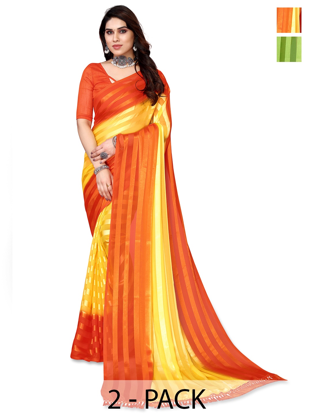 

ANAND SAREES Striped Satin Saree, Orange