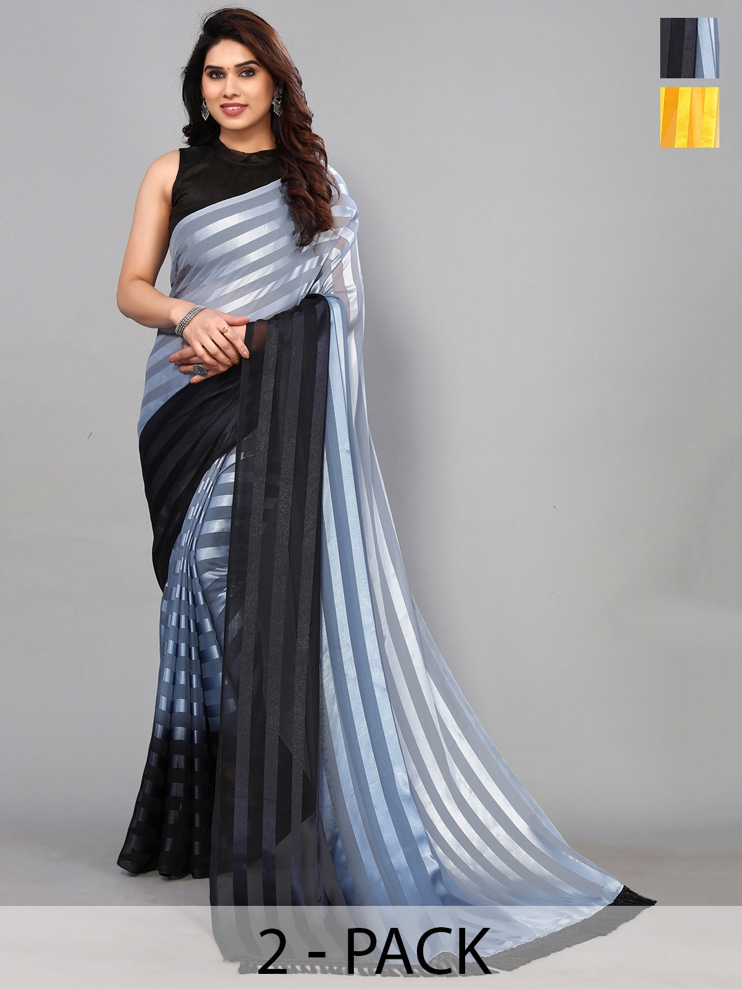 

ANAND SAREES Striped Satin Saree, Black