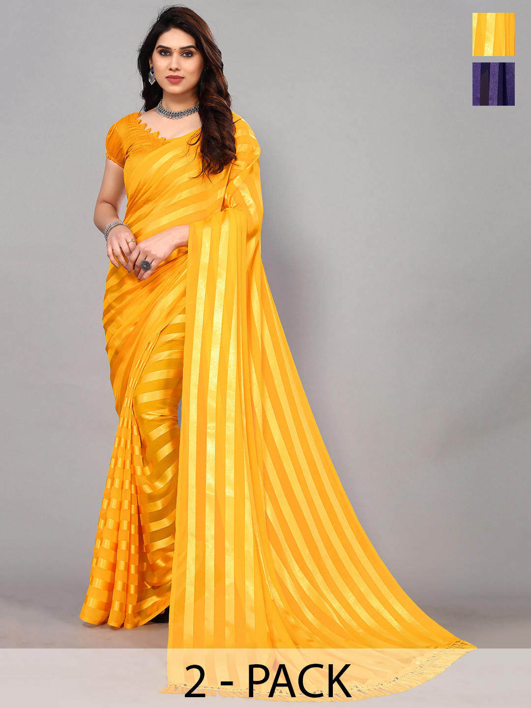 

ANAND SAREES Striped Satin Saree, Yellow