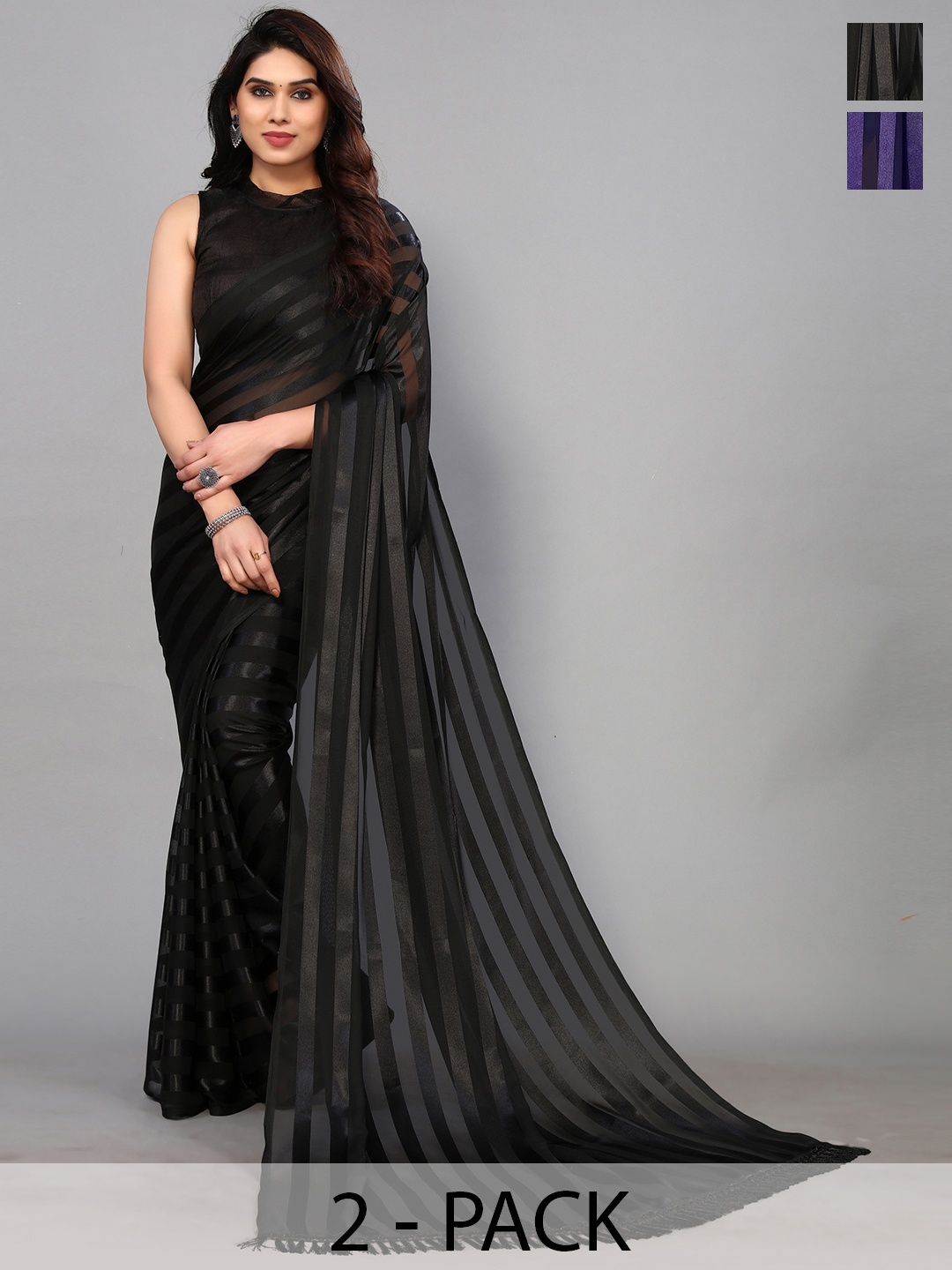 

ANAND SAREES Striped Satin Saree, Black