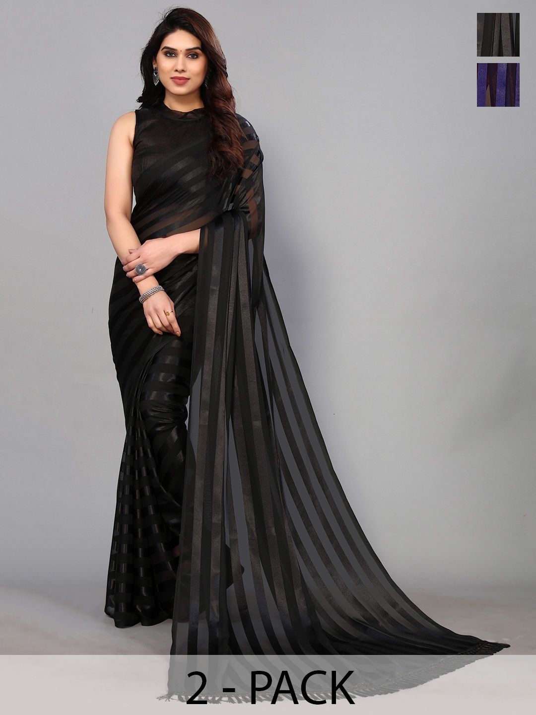 

ANAND SAREES Striped Satin Saree, Black