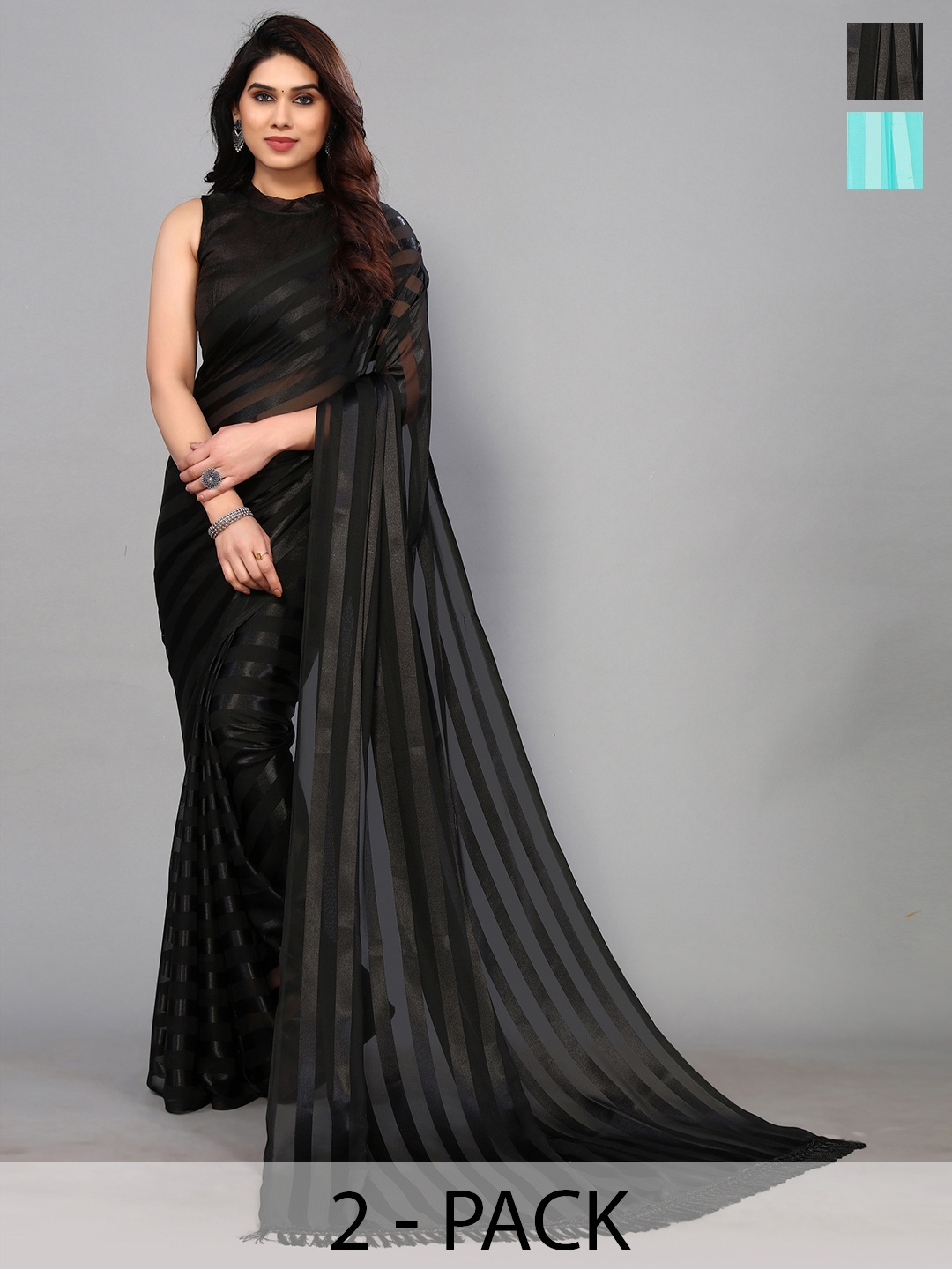 

ANAND SAREES Striped Satin Saree, Turquoise blue