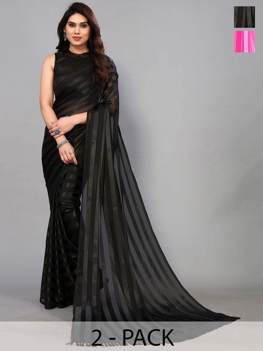 

ANAND SAREES Striped Satin Saree, Black