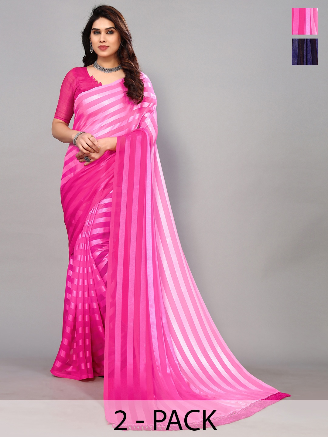 

ANAND SAREES Striped Satin Saree, Red