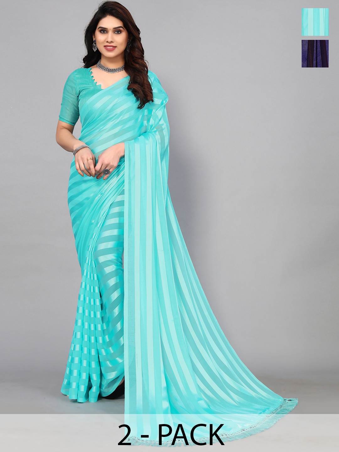 

ANAND SAREES Striped Satin Saree, Blue