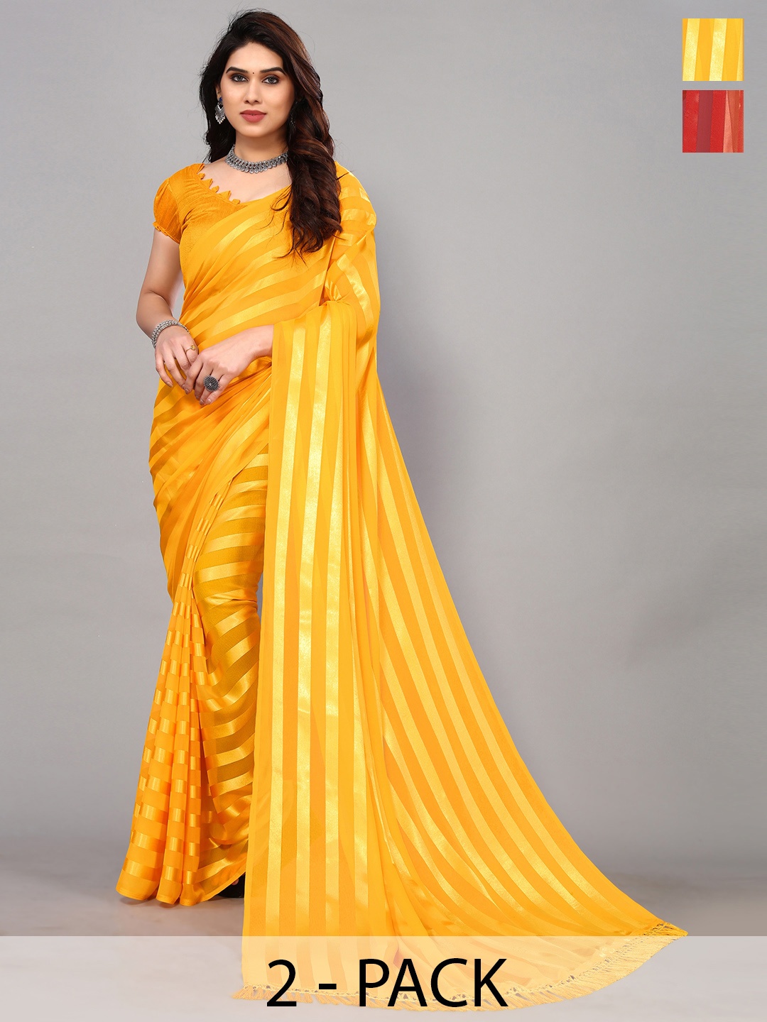 

ANAND SAREES Striped Satin Saree, Yellow