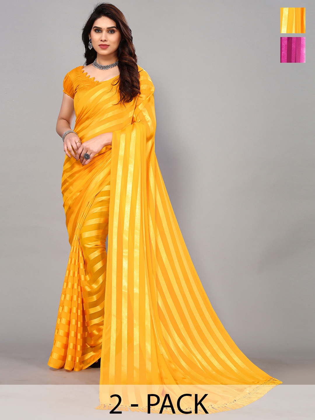 

ANAND SAREES Striped Satin Saree Pack Of 2, Yellow