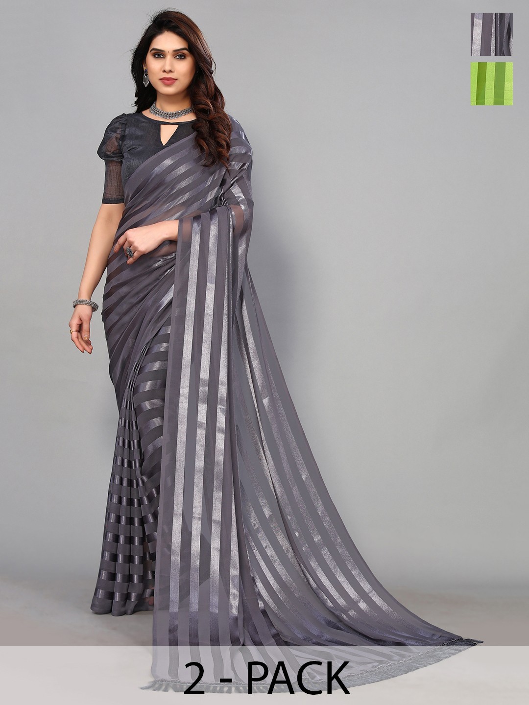 

ANAND SAREES Striped Satin Saree, Grey