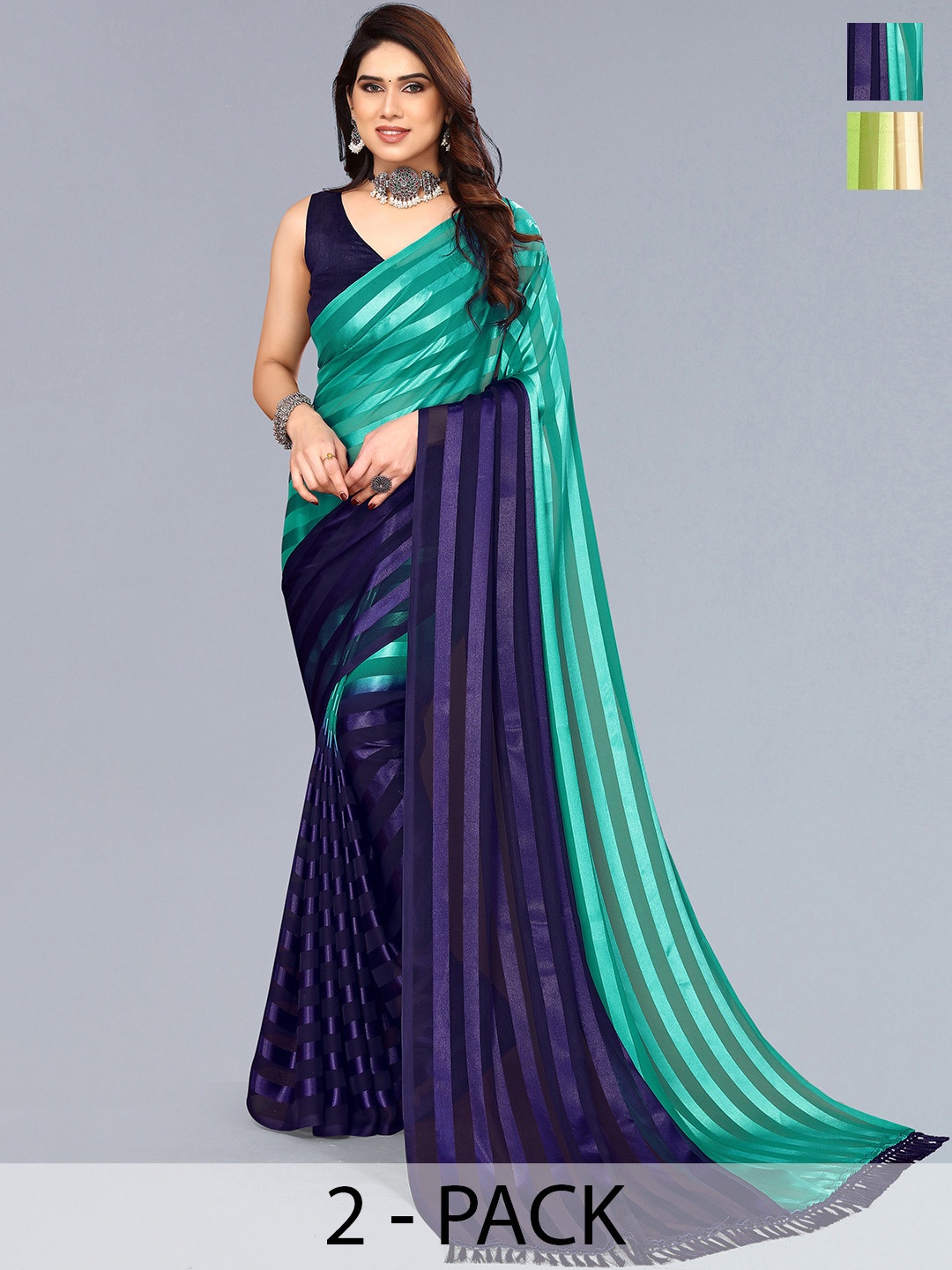 

ANAND SAREES Striped Satin Saree, Green
