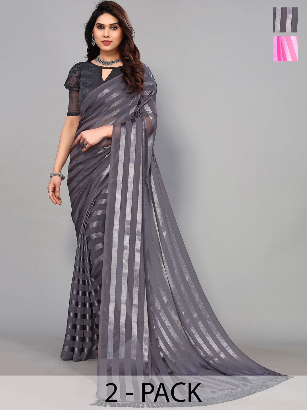 

ANAND SAREES Striped Satin Saree, Grey