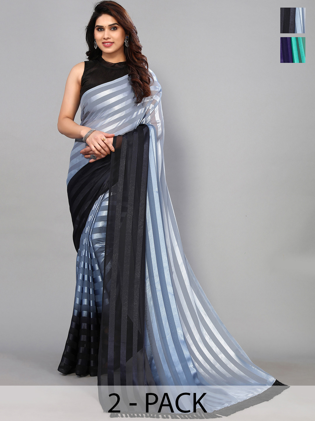 

ANAND SAREES Striped Satin Saree, Grey