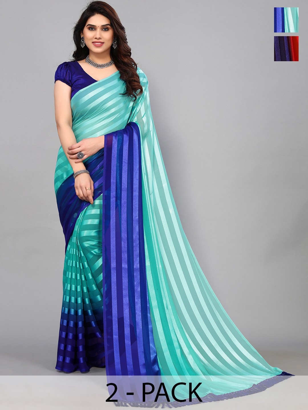 

ANAND SAREES Striped Satin Saree, Red