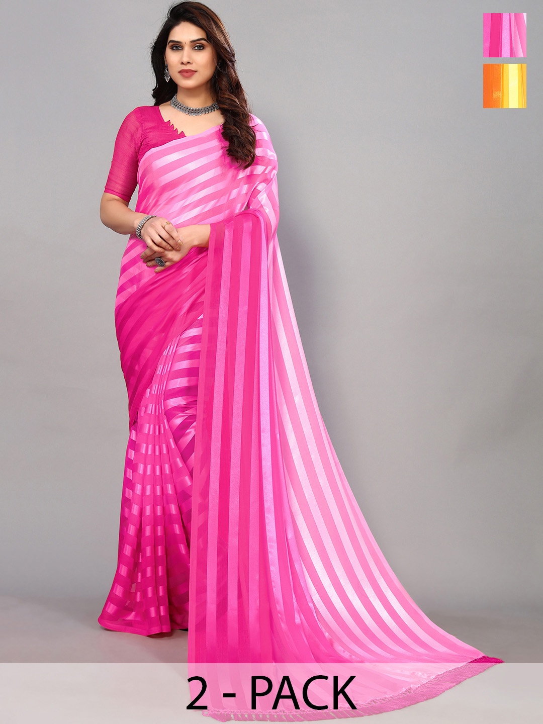 

ANAND SAREES Striped Satin Saree Pack Of 2, Pink