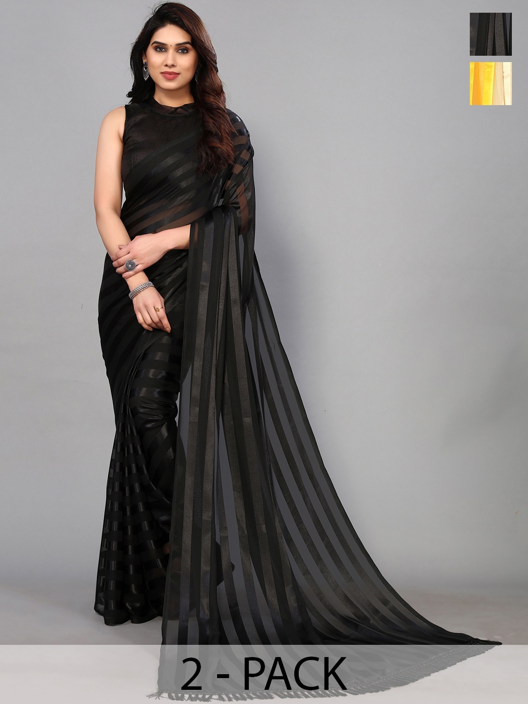 

ANAND SAREES Striped Satin Saree, Black