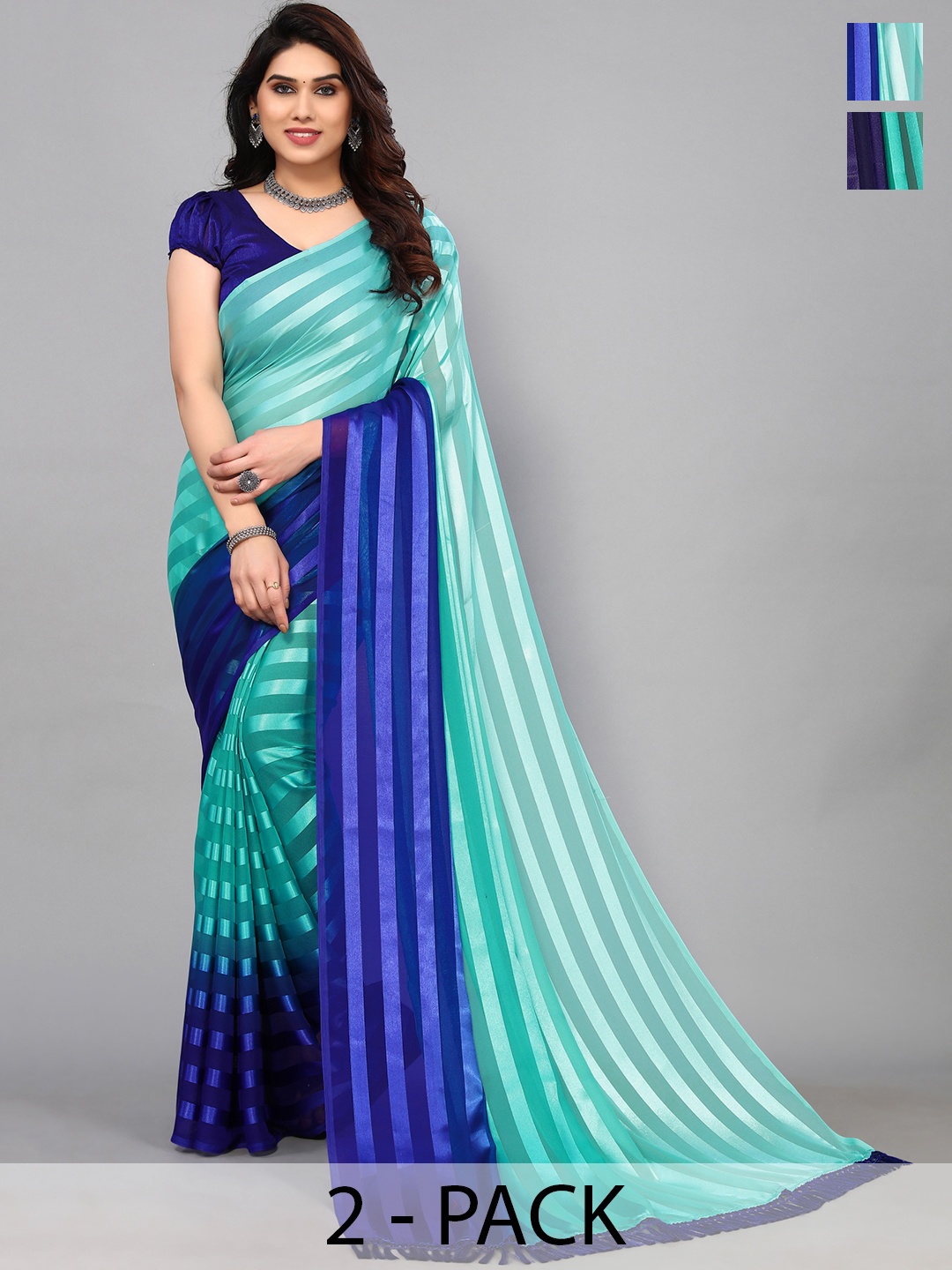 

ANAND SAREES Striped Satin Saree, Green