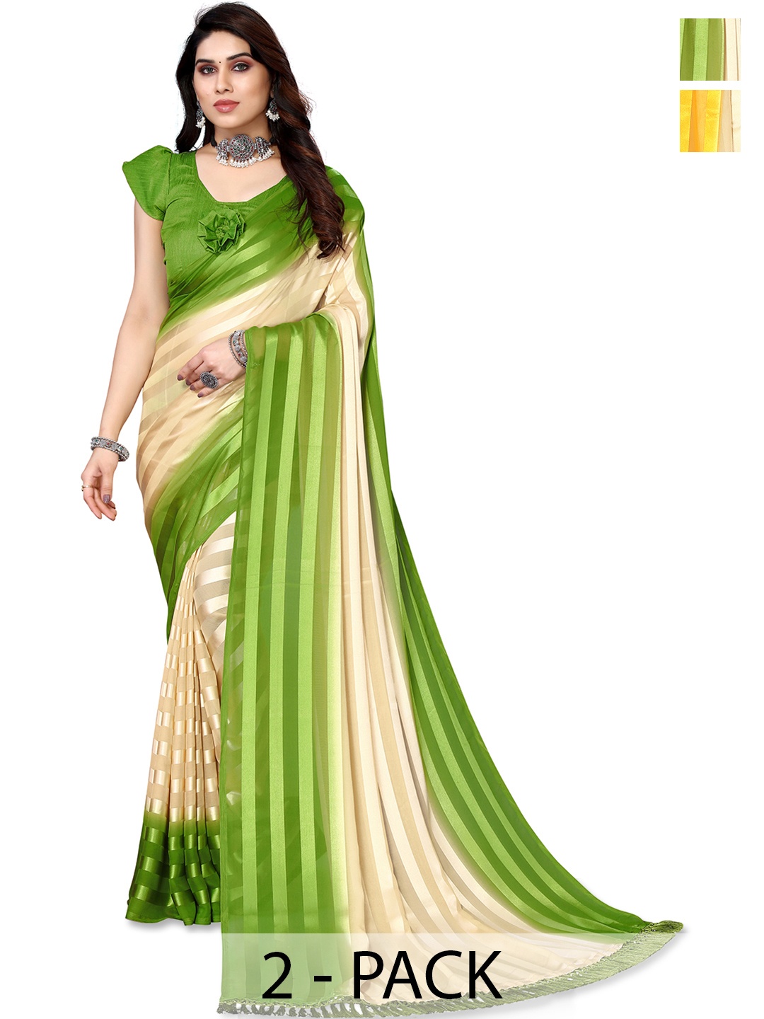 

ANAND SAREES Striped Satin Saree, Cream