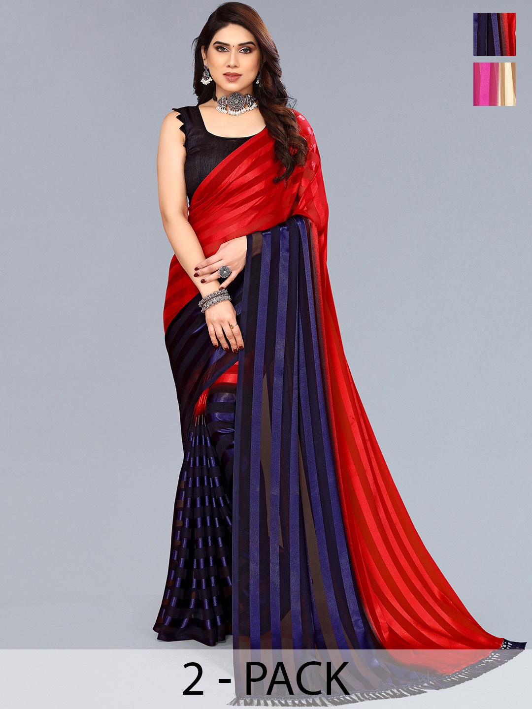 

ANAND SAREES Striped Satin Saree, Red