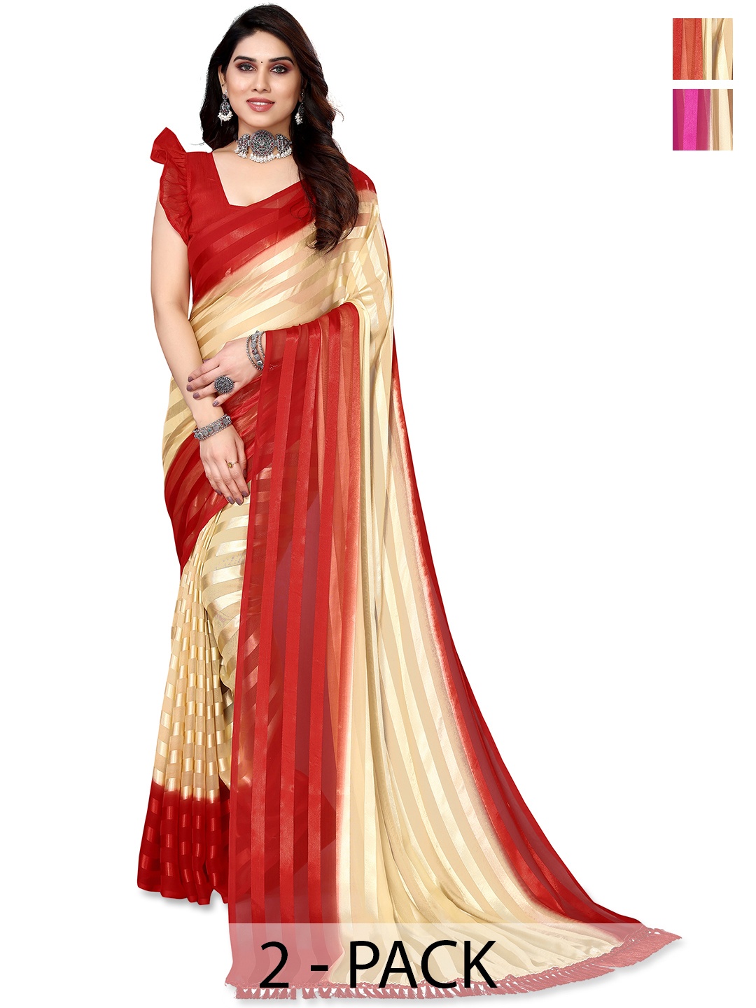 

ANAND SAREES Striped Satin Saree, Red