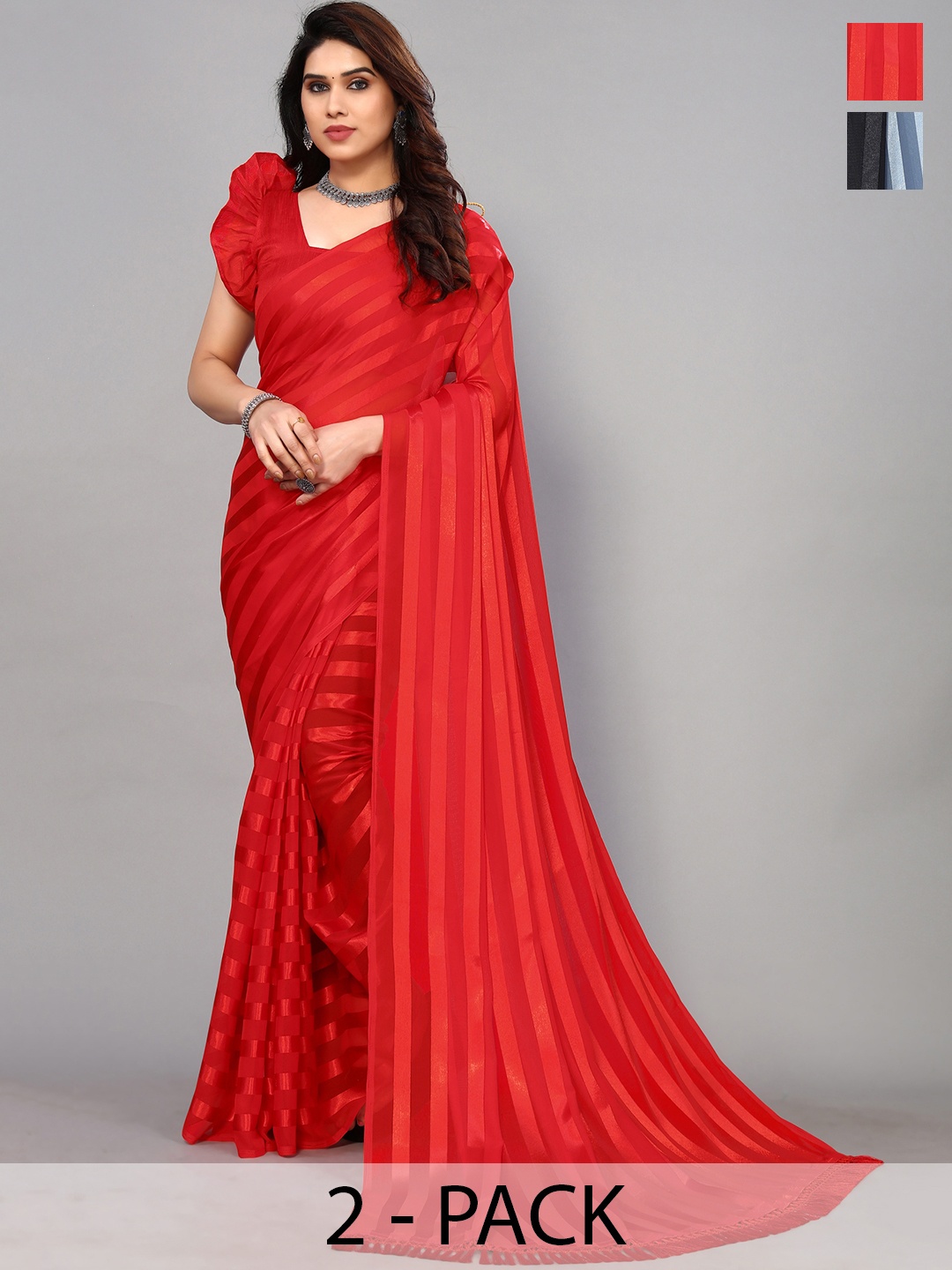 

ANAND SAREES Striped Satin Saree, Red